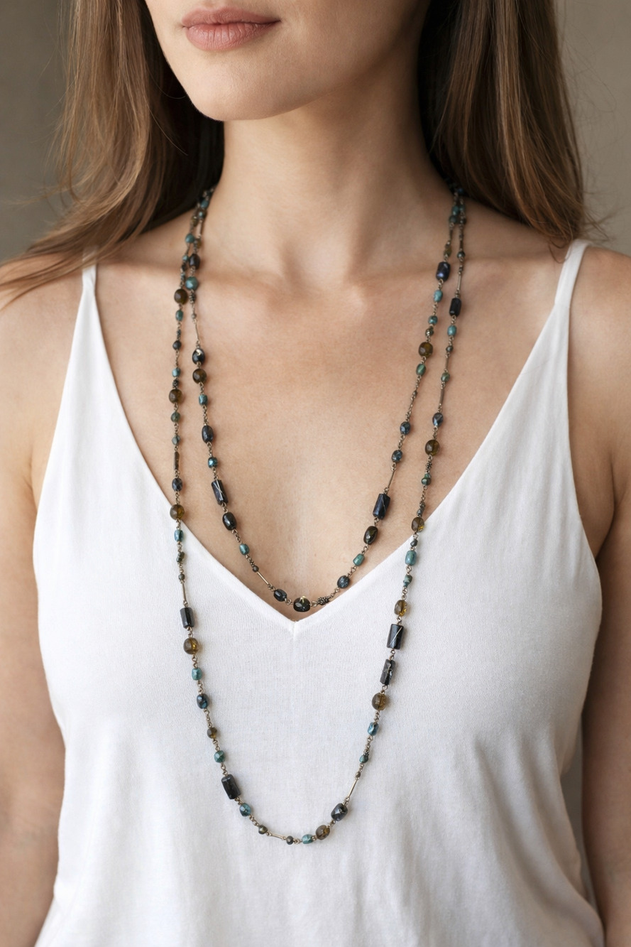 Vintage Blue, Green & Teal Glass 65" Necklace Opera Length